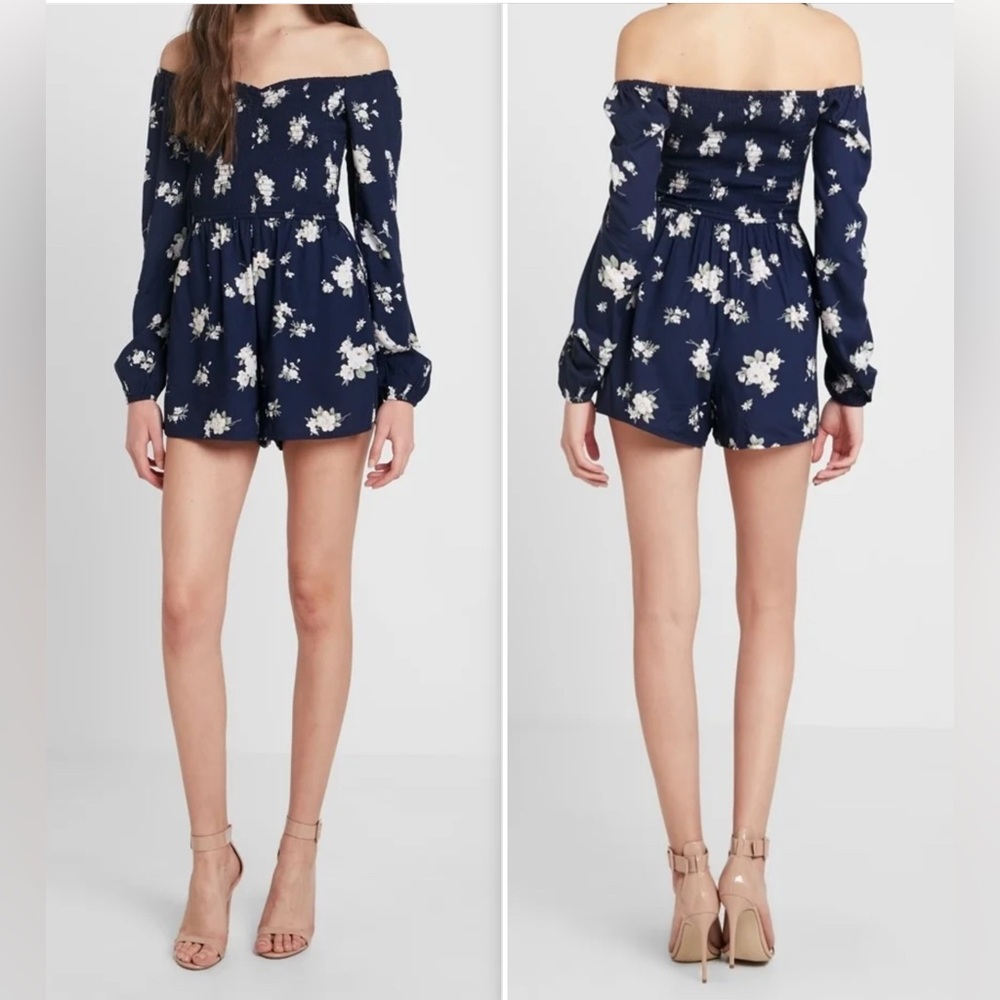 HOLLISTER Romper XS Blue Floral Smocked Boho‎ Pockets Prairie